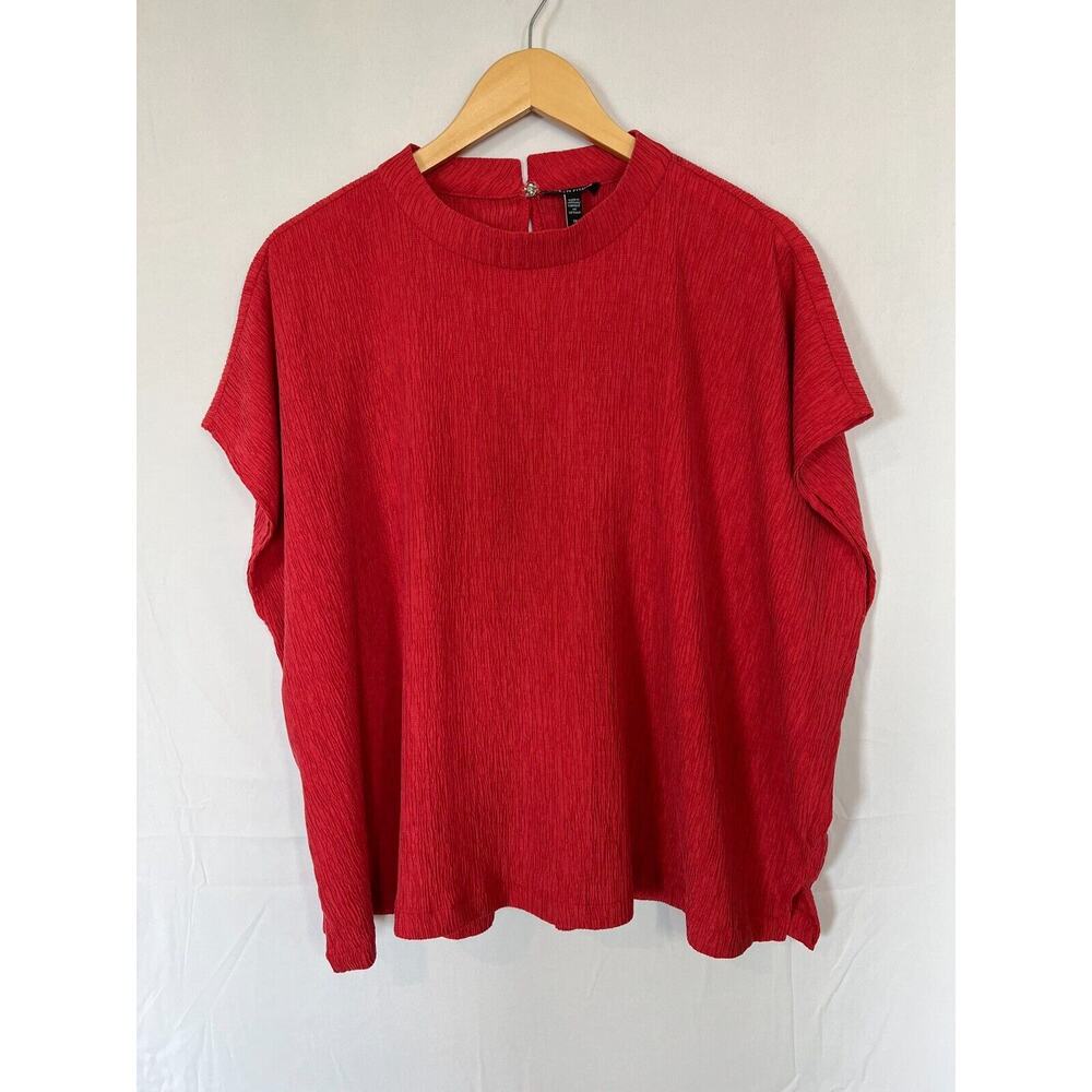 Eileen Fisher Woven Plissé Mock Neck Top Womens Size 3X Boxy Coral Minimalist
